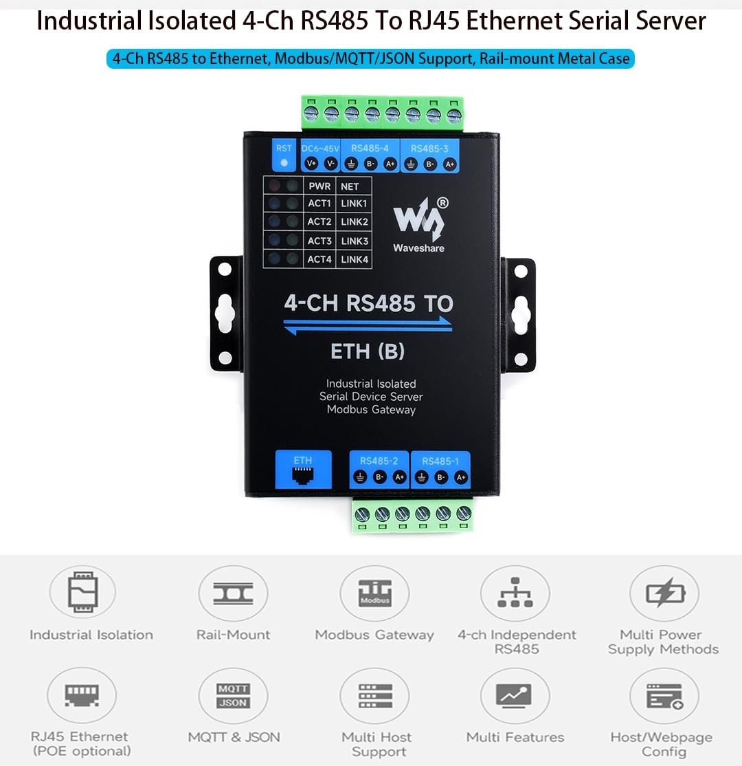 Waveshare 4-Ch RS485 to RJ45 Ethernet Serial Server, 4 Channels RS485 Independent Operation, Rail-Mount Industrial Isolated Serial Module, Bi-Directional Transparent Transmission, Modbus Gateway