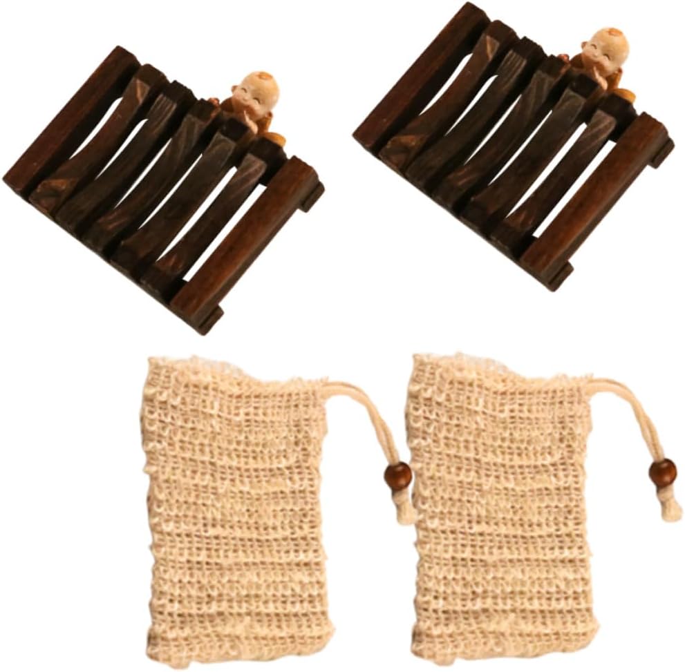 Wooden Soap Holder and Linen Bubble Net Soap Bag Set 2pcs Eco-Friendly with 2 for Bathroom Storage and Travel Use