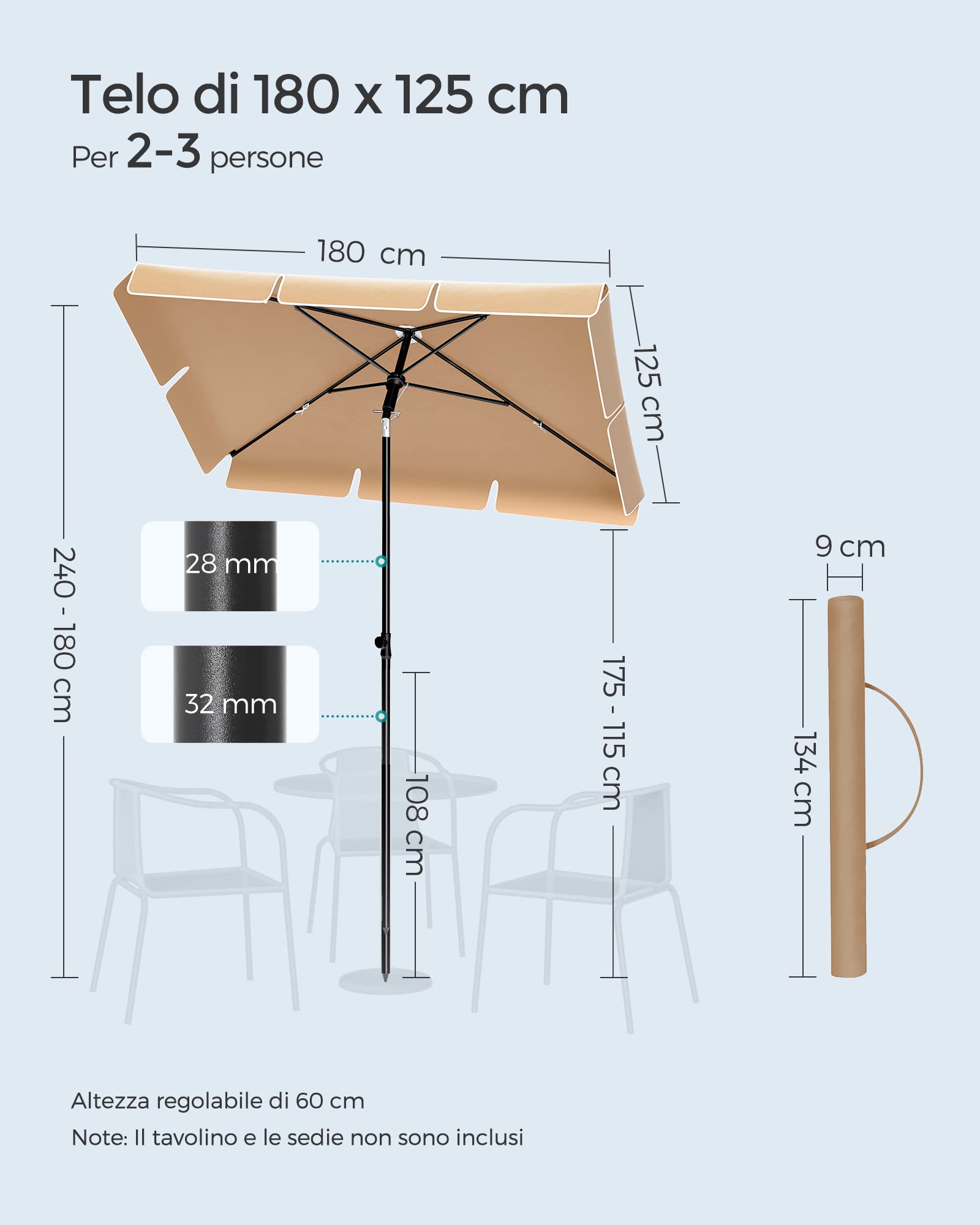 SONGMICS Ombrellone da Balcone 180 x 125 cm UPF 50+ Inclinazione Bidirezionale a 30° Altezza Regolabile con Borsa da Trasporto Tortora