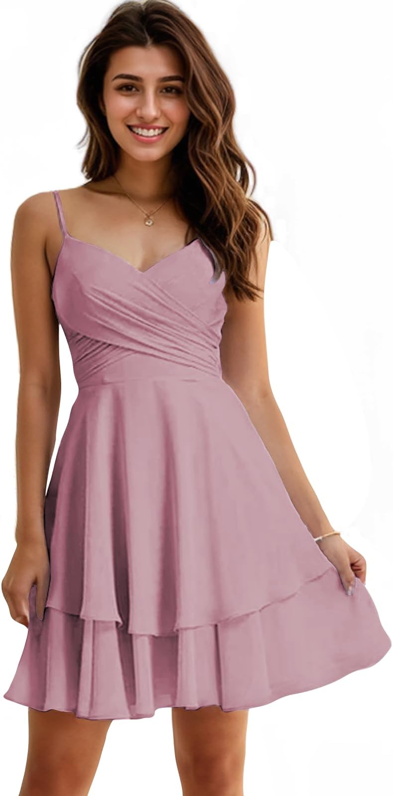 Short Bridesmaid Dresses for Women Pleated Spaghetti Straps Puffy Layered Formal Evening Dresses