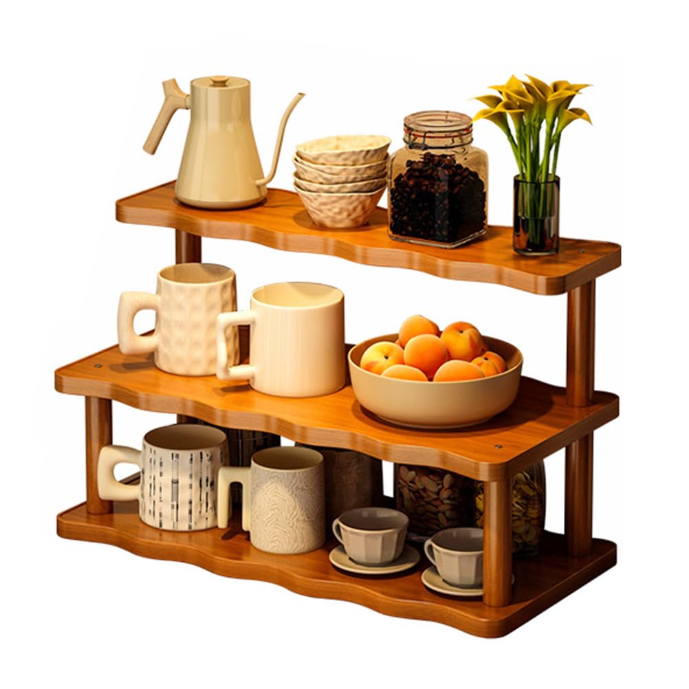 Uck-Kit 3Tier Wooden Mug Holder Countertop, Coffee Station Organizer, Counter Shelf For Tea Coffee Bar Accessories, Matcha Stand, Cup Display, Kitchen Condiment Storage Rack,,19.69In