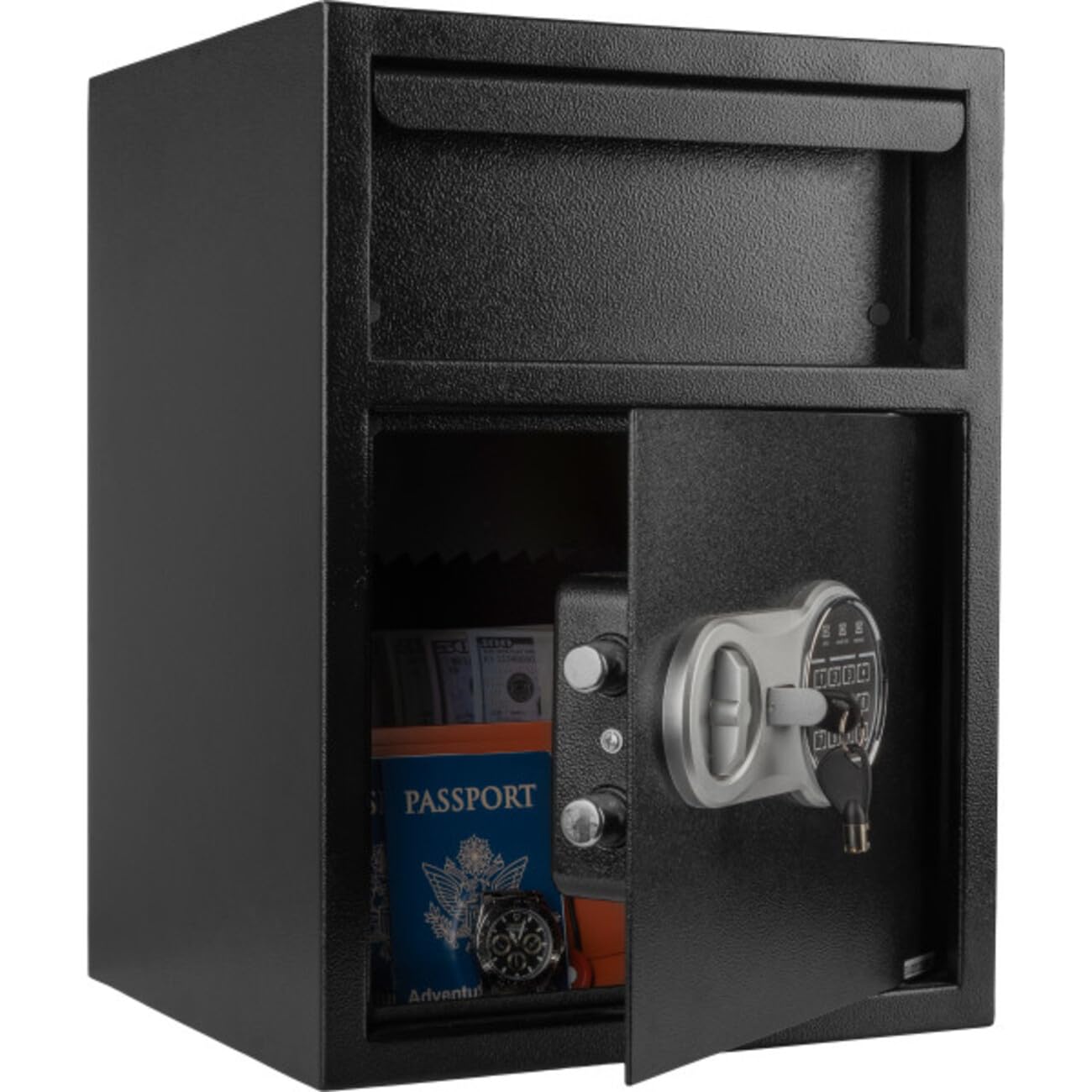 Stalwart - Caja de seguridad electrónica, caja fuerte con teclado digital y 2 llaves de anulación manuales para negocios o seguridad en el hogar (negro)