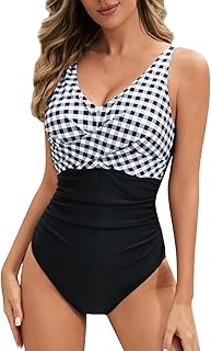 2025 - Traje de baño de una pieza para mujer para adelgazar, cintura alta, cuello en V con copas, sexy, trajes de baño de moda para mujer con bloqueo de color, parte superior de bikini