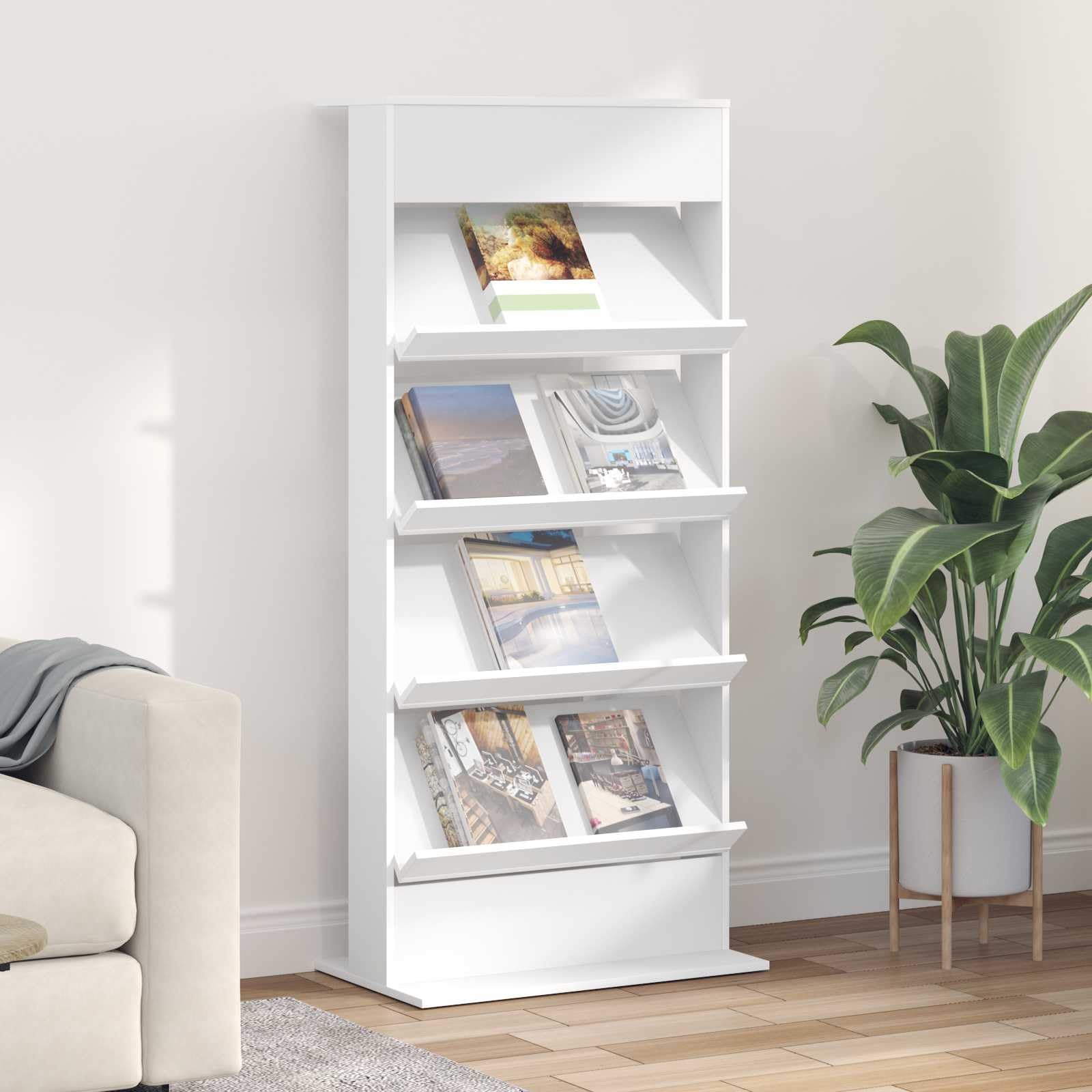 Portariviste, bianco, 70 x 41 x 156 cm, in legno | Scaffale stabile con 4 ripiani per riviste e documenti in ufficio, soggiorno o camera da letto.