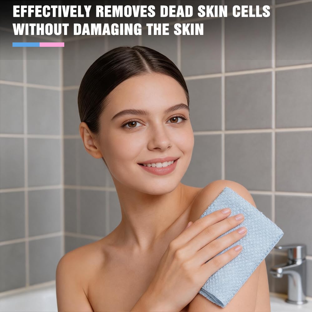 Serviette Exfoliante Douche 2 Pièces, Brosse de Dos, Gant Exfoliant, Éponge de Douche, Accessoire Gommage Corps pour Homme Femme (Rose+Bleu)