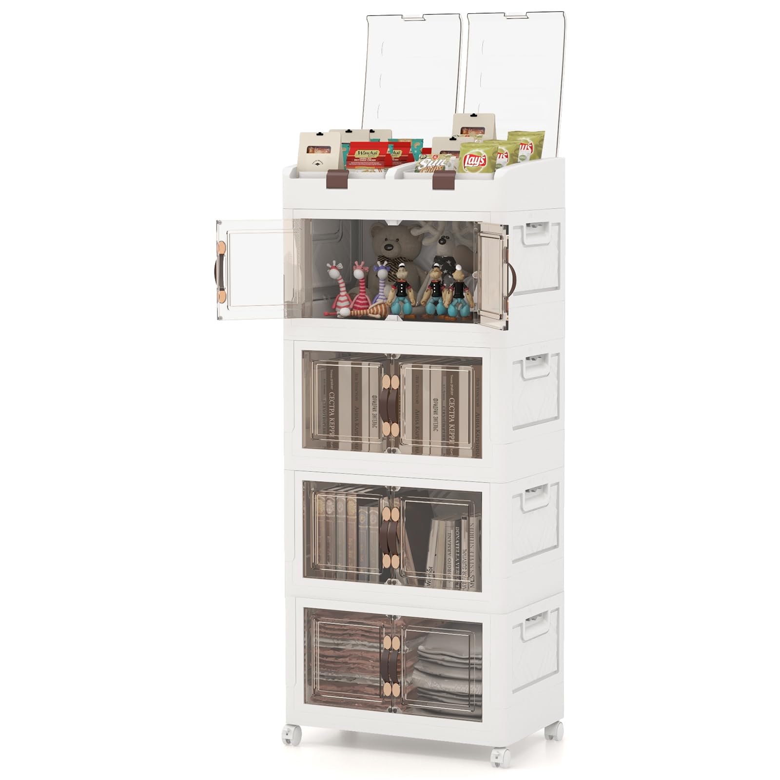 GIANTEX Contenedor Plástico de Almacenamiento 210 L, Caja Apilables con Tapa y Ruedas, Carrito de Almacenaje con 4 Cubos Apilables, Caja Organizador para Salón, Dormitorio (4 Niveles)