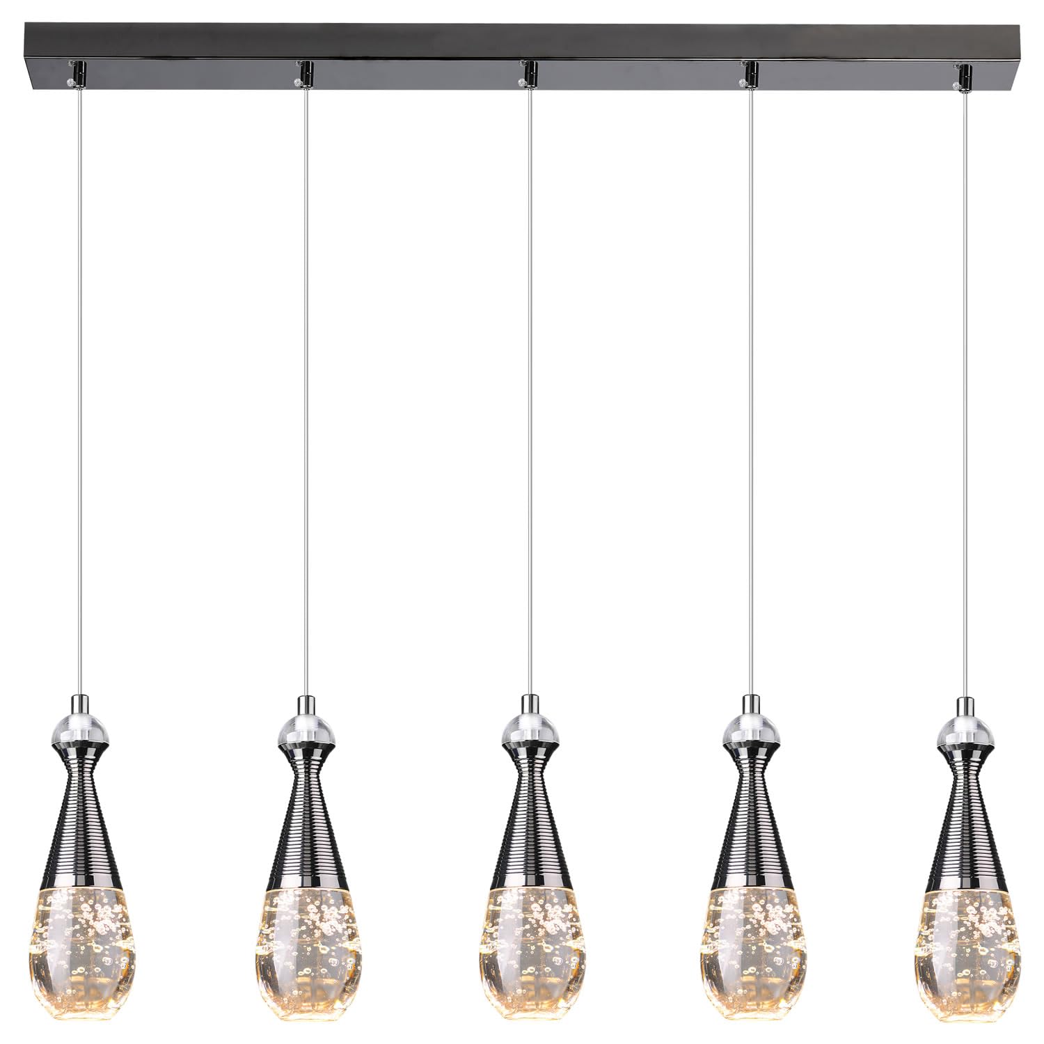 Hubrin 5-Light Modern Pendant Light Fixtures Rectangle Black Raindrop Crystal Pendant Lighting for Dinning Room 3CCT 3000K/4500K 6500K Kitchen Island Crystal Chandeliers (5-Light, Titanium Black)