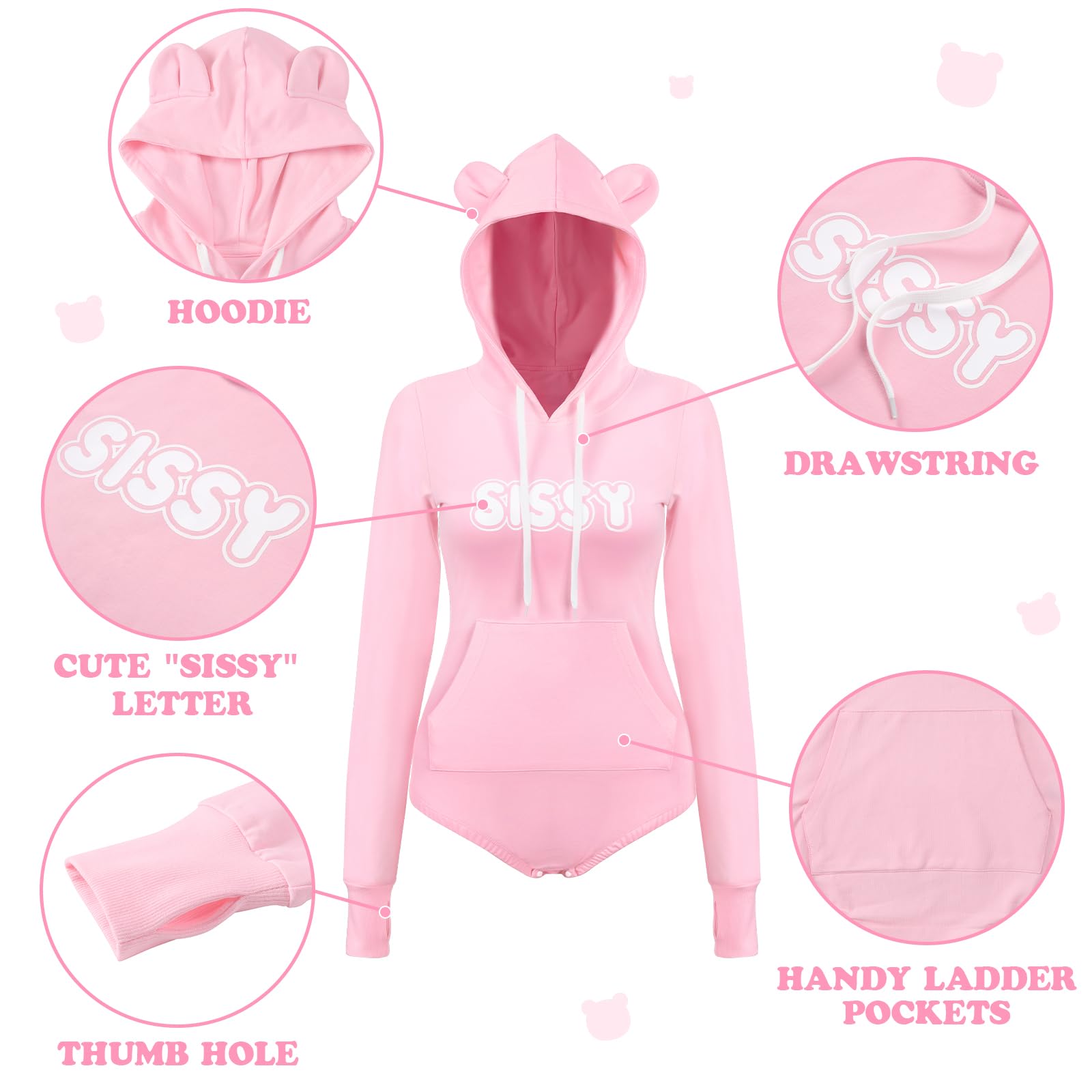 LittleForBig Bawełniany kombinezon jednoczęściowa piżama z kapturem body - przytulna bluza z kapturem Sissy Bear Onesie