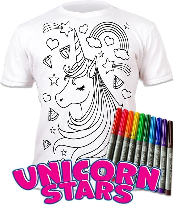 Splat Planet Colour-in Unicorn Stars T-Shirt with 10 Non-Toxic Washable Magic Pens - Colour-in and Wash Out T-Shirt (3-4 Years) White