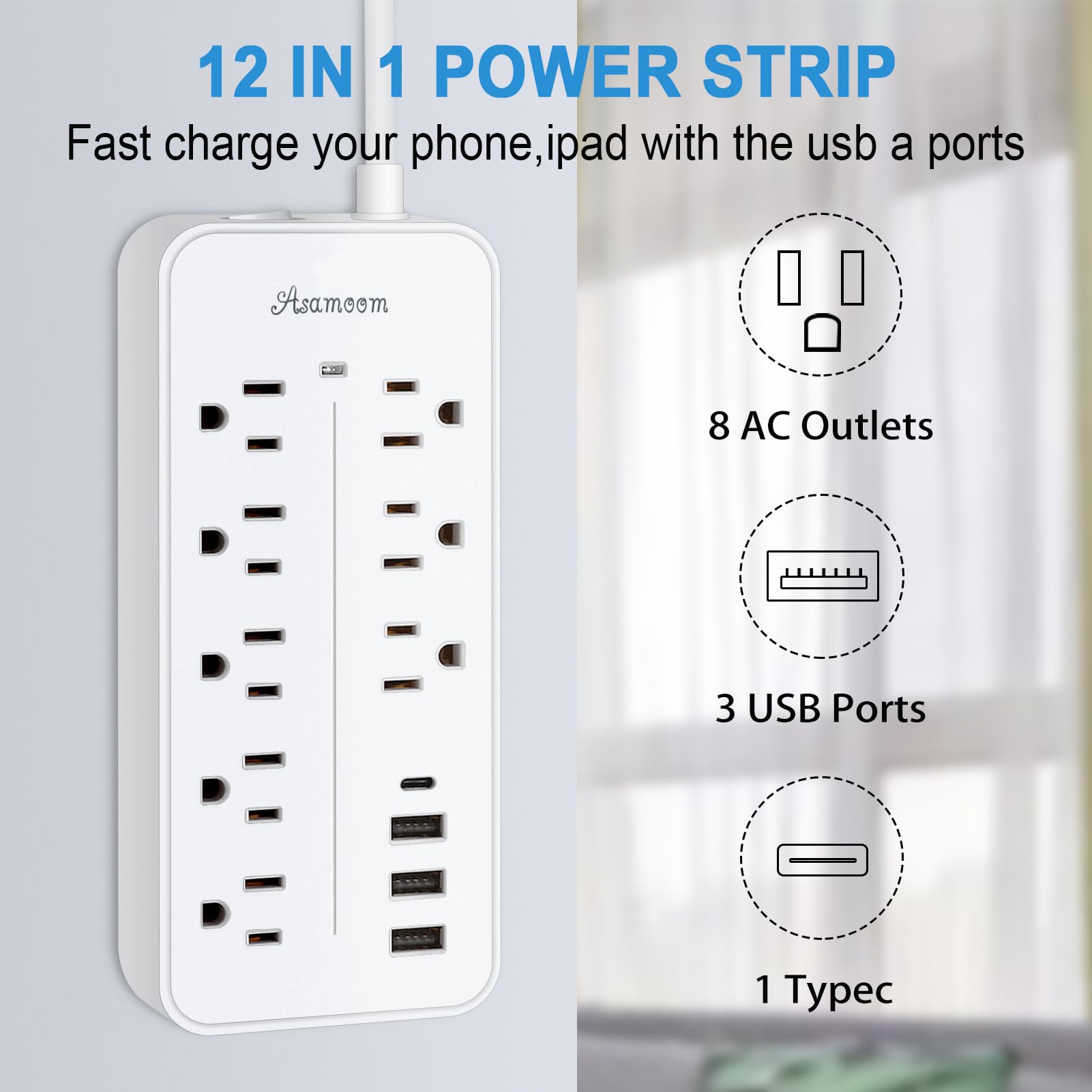 Asamoom Steckdosenleiste mit USB-C, Flacher Stecker, Steckdosenleiste mit langem Kabel, 8 Ausgängen und 3 USB- und 1 USB-C-Anschluss, Wandhalterung, Schreibtisch-Steckdosenleiste