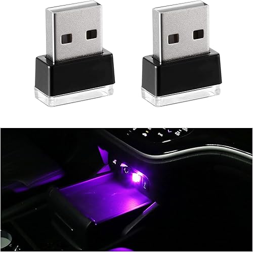 2 PCS USB LED Car Interior Atmosphere Lamp, Portable Mini LED Night Light, Plug-in USB Interface Trunk Ambient Lighting Kit, Universal Interior Car Accessories (Purple)