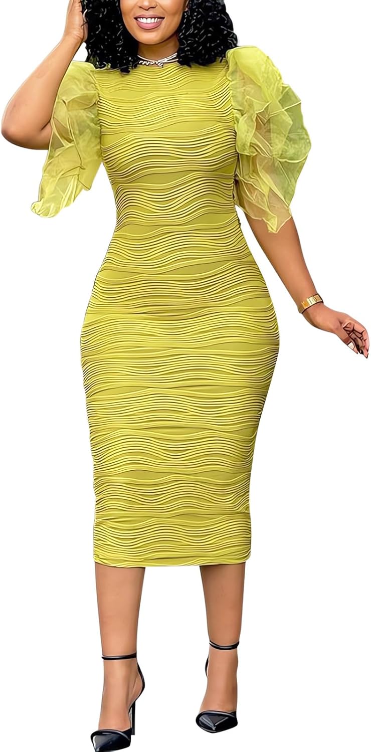 VJJ AIDEAR Women's Flutter Sleeve Ruched Bodycon Textured Pencil Dress Stretchy Business Office Party Dress