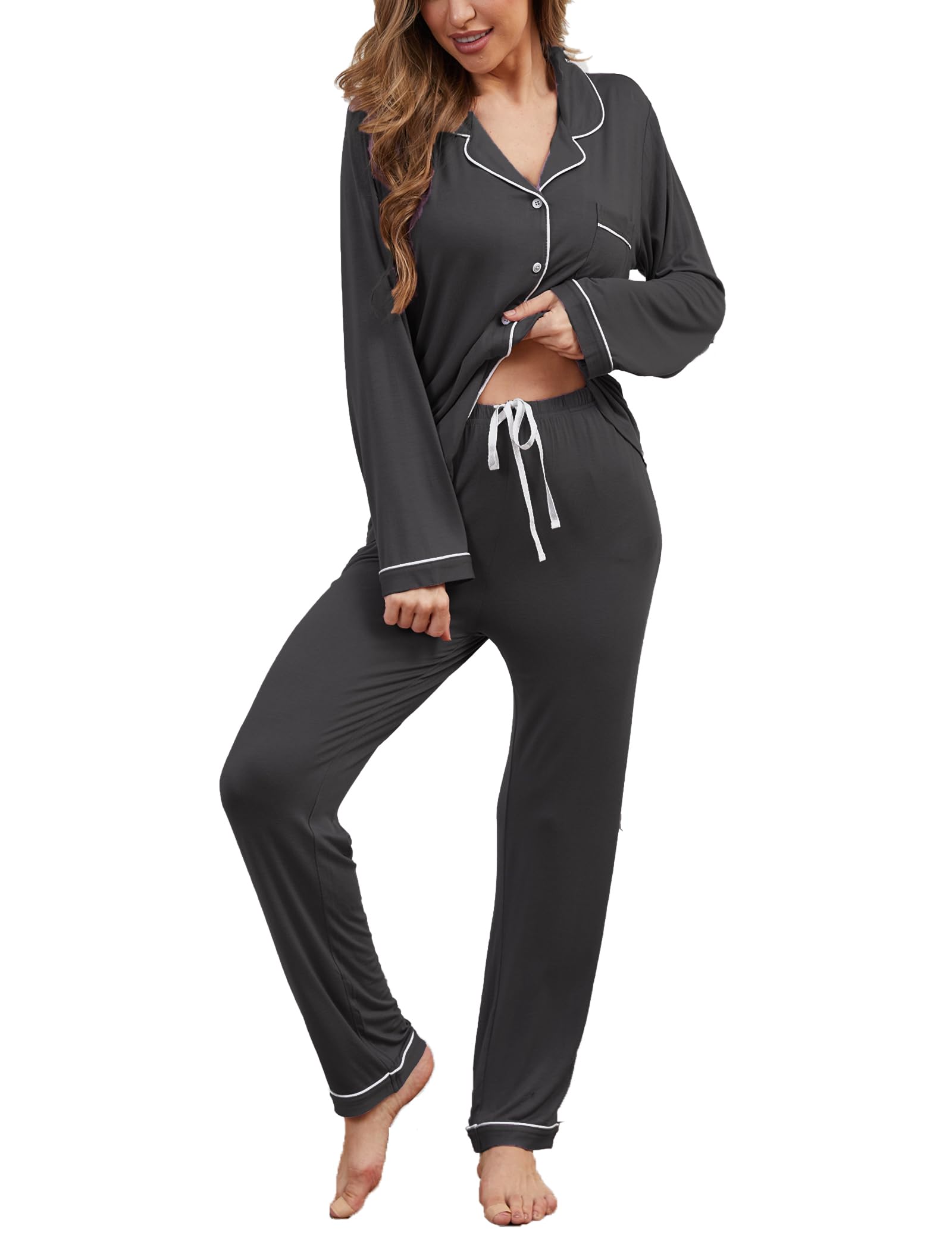 Yoolfine Pj Sets for Woman Long Sleeve Maternity Pajamas Womens Button Down Sleepwear Soft Lounge Sets, Iron Gray, XX-Large