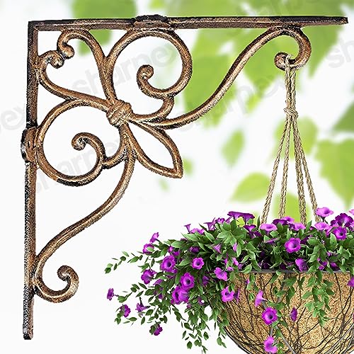 Image of Sharpex Wall Mounted Metal Bracket | Decorative Wall Hook Plant Hanger for Hanging Pots, Bird Feeders, Flower Baskets, Planters, Lanterns, Lamps, and Wind Chimes for Indoor /Outdoor Use (Gold, 1 Pc)