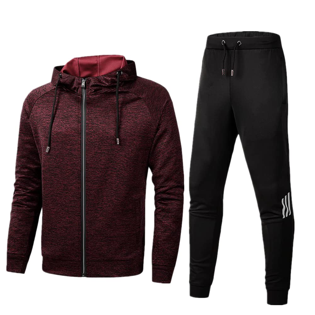 Zestaw dresów dla mężczyzn, zapinana na zamek bluza z kapturem, topy, strój na siłownię i spodnie do joggingu, zestaw 2 sztuk, Czerwony, M