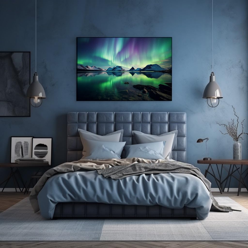 Art Wall: Ethereal Aurora Borealis Over Tranquil Mountain Peaks and Mirrored Waters. Interior Art, Canvas Art Wall, Arts Wall Decoration Size: 69x46 cm (27x18 inch)