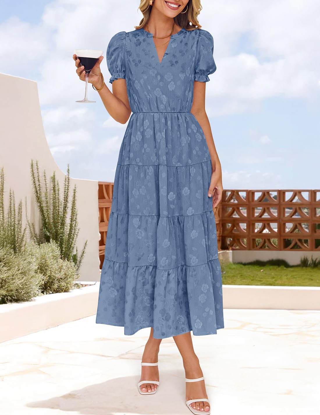 ZESICA Womens 2026 Summer Puff Short Sleeve Midi Dress Floral V Neck Textured Ruffle Flowy Beach Party Dresses - Image 3