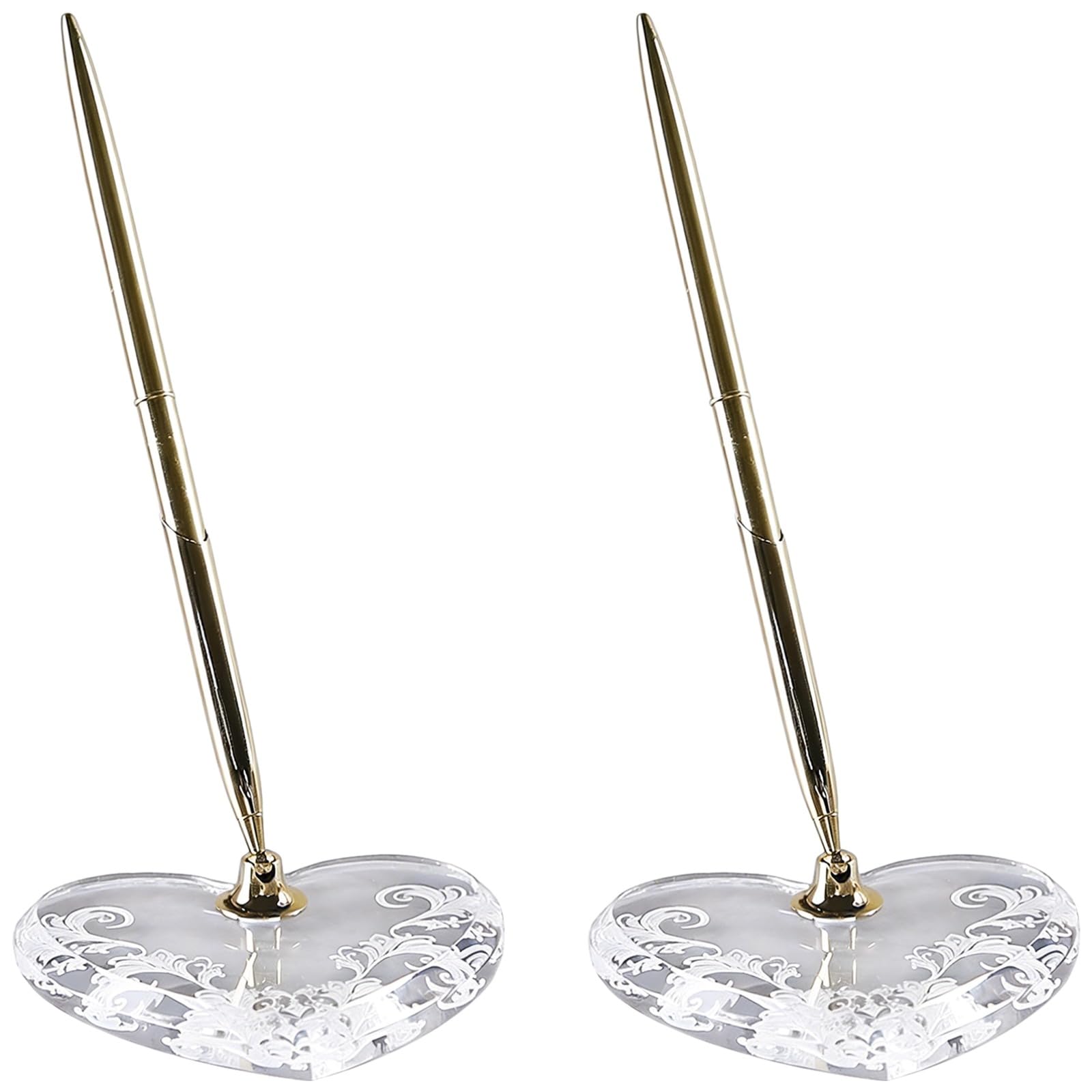 2 Stk. goldene Stifte für das Gästebuch zur Hochzeit, Acryl-Herz-Stifthalter, 25,5 cm hoch, elegantes Metall-Kugelschreiber-Set für Büro, Hochzeit, Brautparty