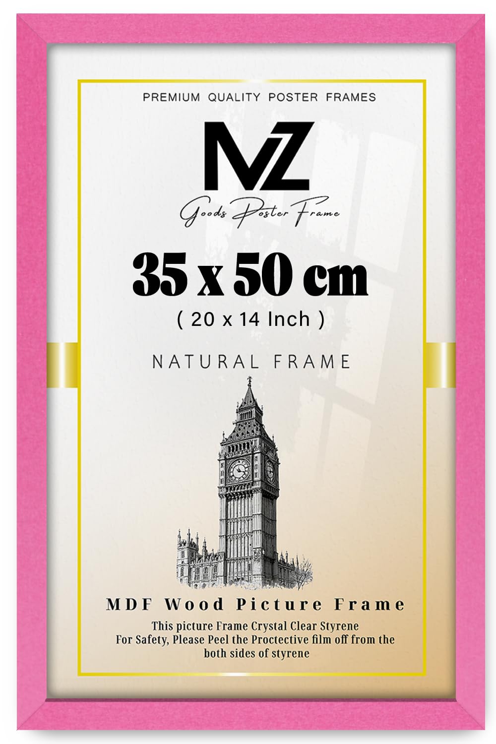 MZ GOODS | MDF Poster Frame (35 x 50 CM) 50 cm x 35 cm for Art, Wall Gallery & Interior Design, Sturdy MDF Wood Finish, Easy Hanging Hooks Included [ Pink ] — image 1