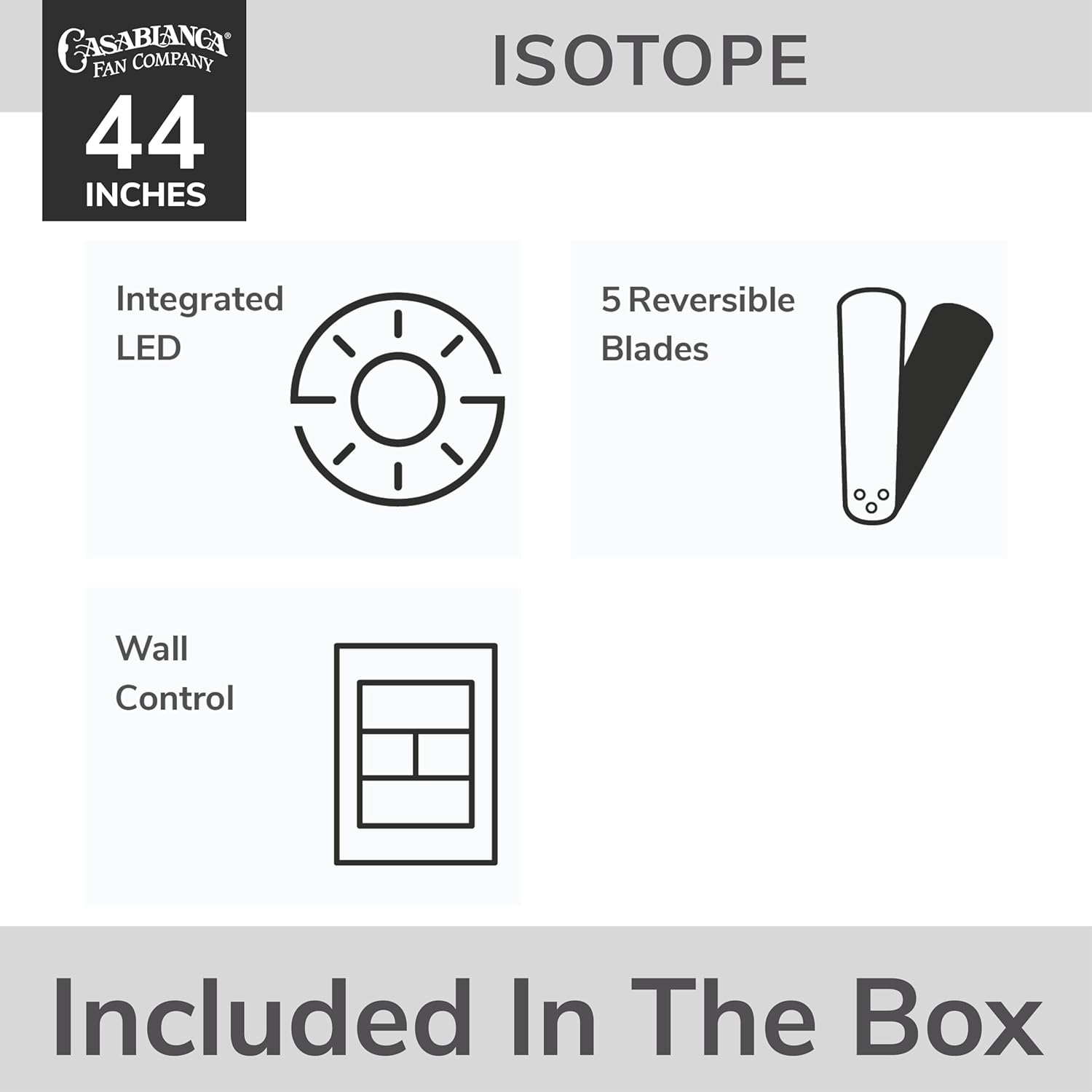 Casablanca 44 inch Indoor Ceiling Fan with LED Light - Low Profile White Ceiling Fan for Bedroom, Living Room, or Kitchen, Wall Control, 5 Blades, Includes Bulb - Isotope 59350, Fresh White