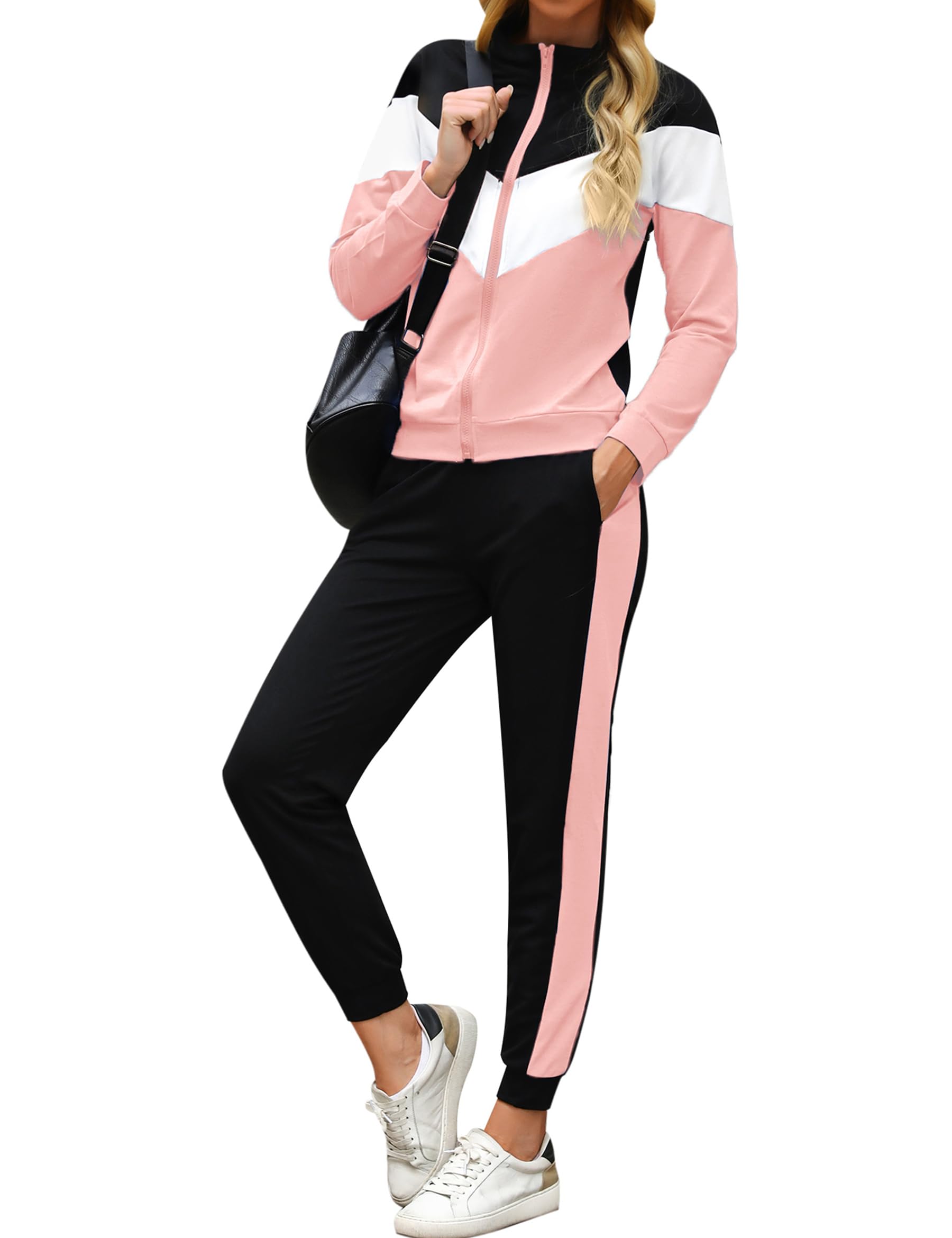 Marvmys Survêtement Femme Couleurs Contrastées élégant Sport Ensemble Sportwear à Manches Longues Zippé Pour Fitness Jogging