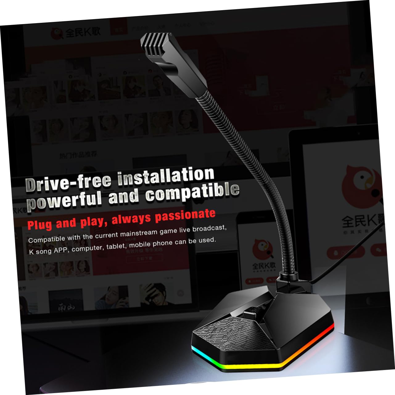 BESPORTBLE 1PC USB RGB Microphone for Home Office Bendable Noise Desktop Mic for Video Conferencing Voice Chat Mini Luminous Drive Sound Quality Black