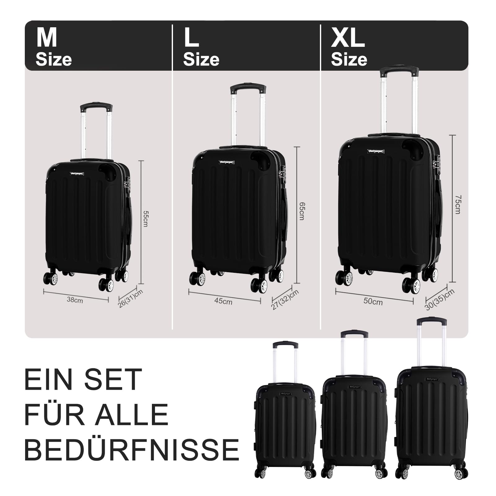 Juego de 3 maletas rígidas de ABS, cerradura TSA, capacidad ampliable - en M, L, XL - protección de esquinas, ruedas dobles giratorias 360° y asa telescópica, aptas para equipaje de mano y apilables