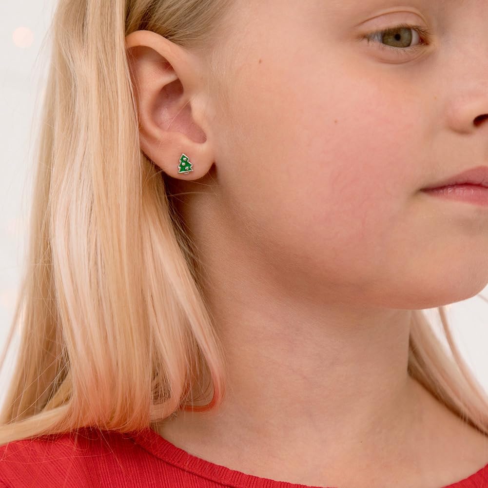 925 Sterling Silver Festive Enamel Christmas Tree Standard Push Back Earrings For Little Girls & Preteens - Cute Christmas Earrings For Festive Girls - Beautiful Small Christmas Tree Kids Earrings