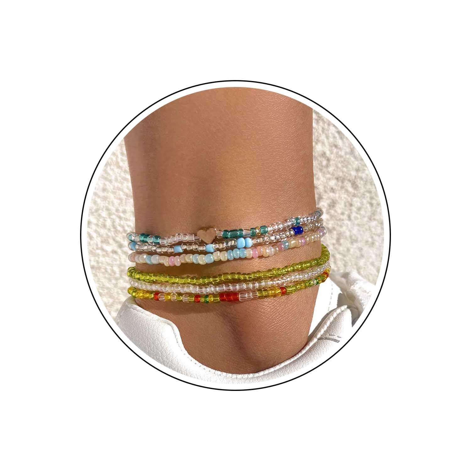 Boho Beaded Ankle Bracelets Handmade Multicolor Seed Bead Anklets Adjustable Stretch Heart Ankle Chain Beach Waterproof Anklet African Foot Jewelry for Women and Girls(6Pcs)