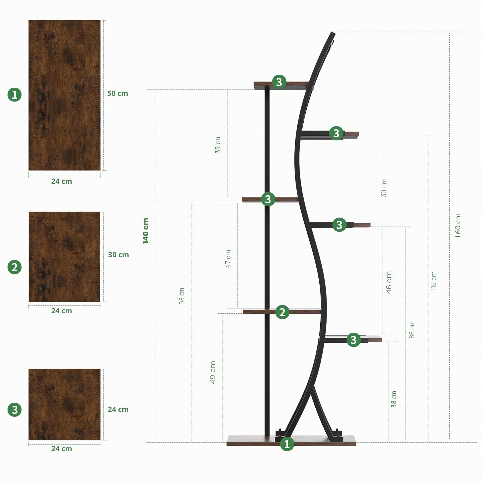 JUSTOGO Support de fleurs avec lumières de croissance - Étagère d'intérieur à 7 étages en bois et métal - 160 cm - Grande étagère pour salon, balcon, chambre à coucher