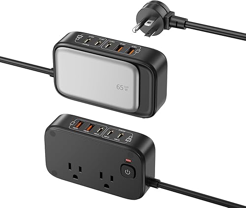 Miniatura 7 de Estación de carga USB para múltiples dispositivos, PD de 65 W, protección contra sobretensiones, 1200J, cable de extensión plano de 5 pies, Blanco