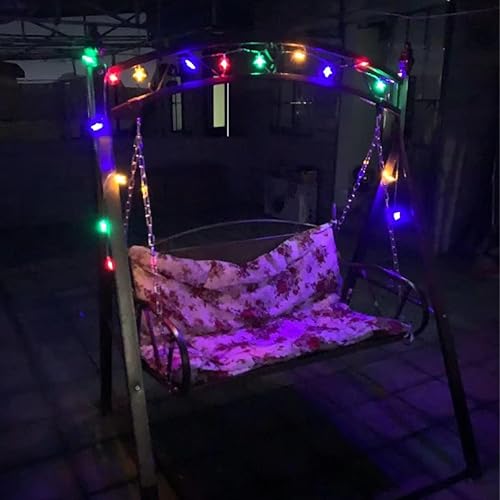 Miniatura 3 de Columpio de metal para porche de patio de 2 asientos con soporte de marco en A, silla colgante para exteriores con enredaderas y luces de cadena,