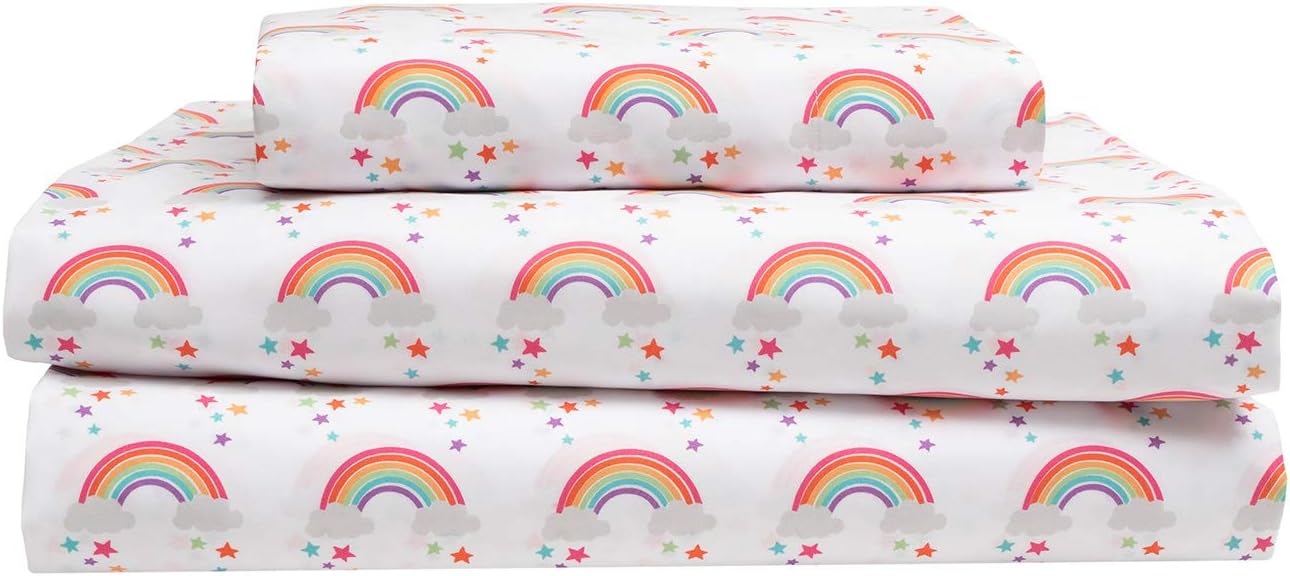 4-Piece Rainbow Stars Kids Full Microfiber Bed Sheet Set Bedding, Pink Purple White