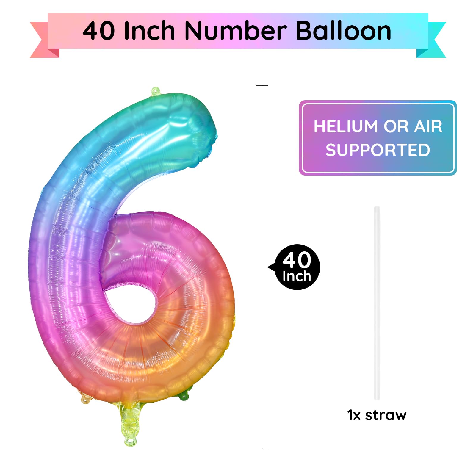 PatiCool Rainbow Number 6 Balloon, 40 Inch Large Number Foil Mylar Balloons for 6th Girl Boy Birthday Party Celebration Decorations Supplies, Digital Balloons for Wedding Anniversary Events Decora