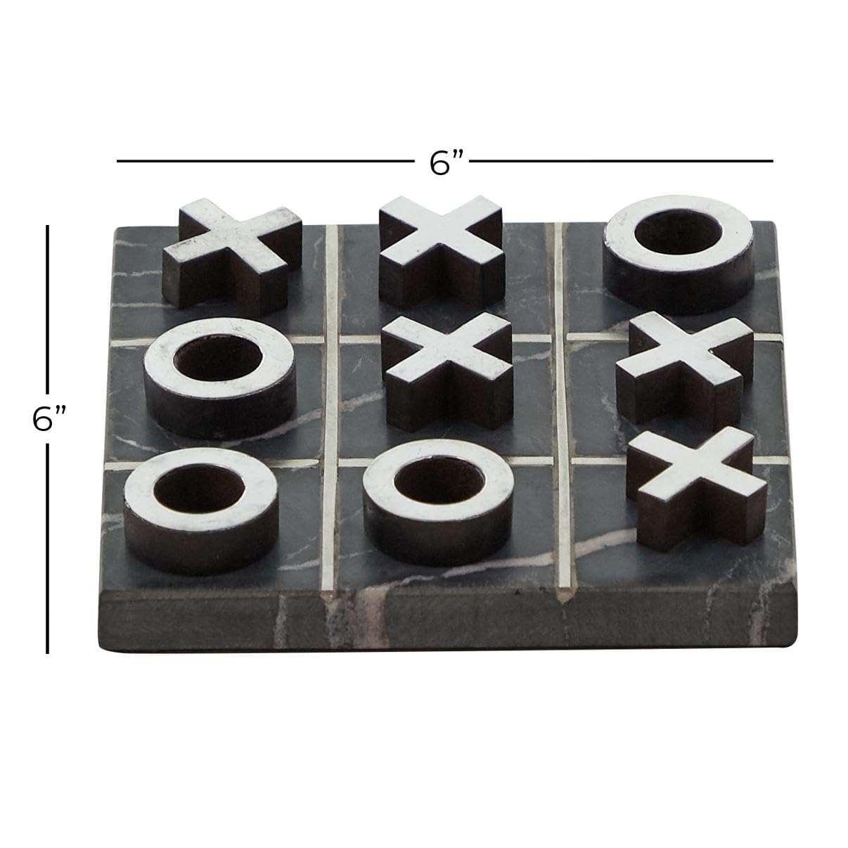Deco 79 Marble Tic Tac Toe Game Set with Silver Inlay, 6" x 6" x 1", Black