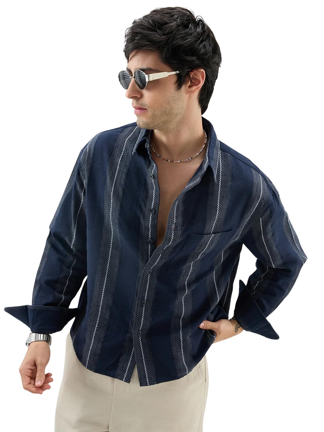 VASTRADO Navy Contrast Panel Boxy Fit Crop Shirt - Image 1