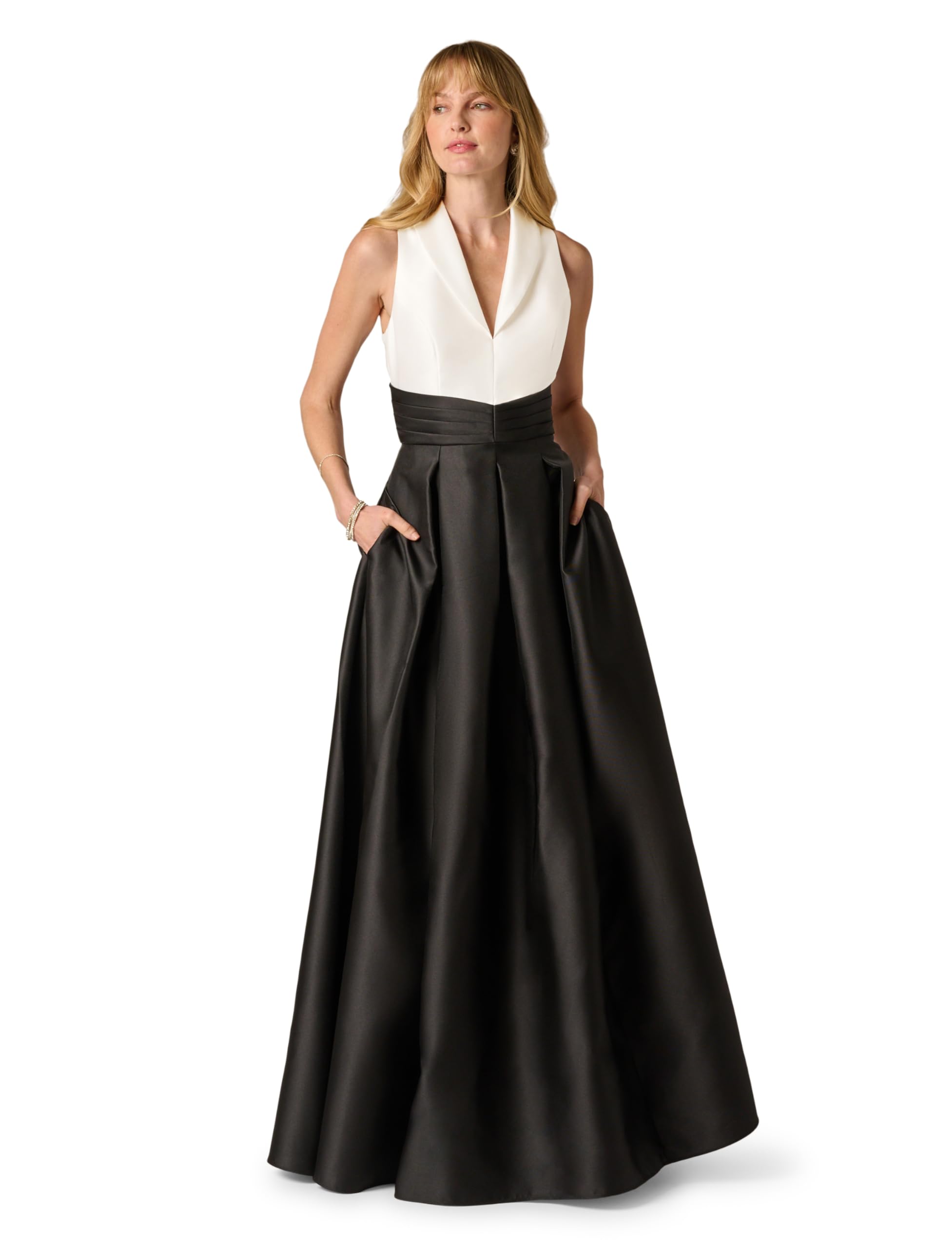 Adrianna Papell Colorblock Mikado Gown, Black/Ivory, Black/Ivory, 10