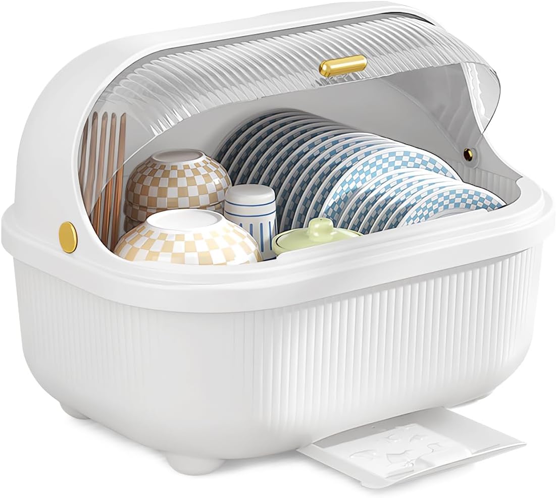 Dish Drying Rack,Large Dish Racks Organizers with Cover Lid and Drainboard,Tableware Storage Box for Kitchen Counter Cabinets Space Saver Organizer (White)