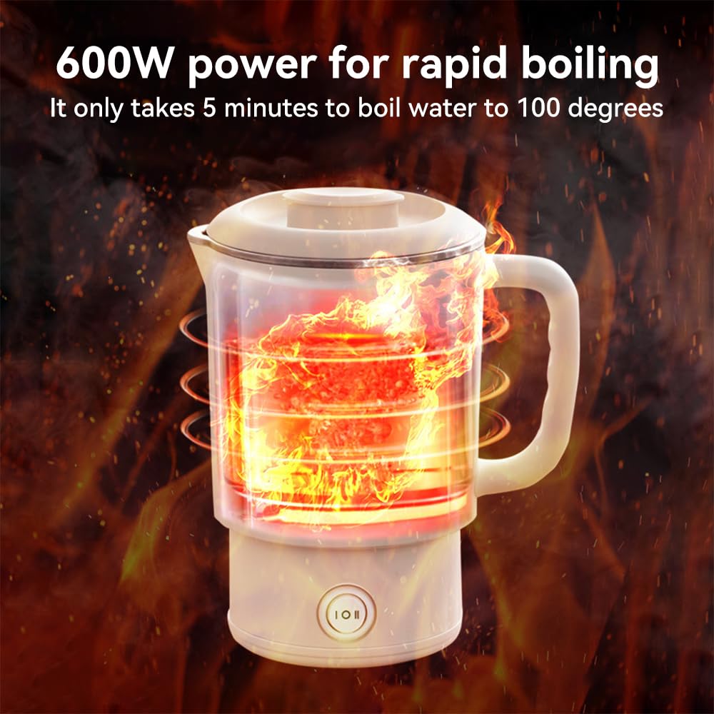 Bouilloire électrique de voyage en acier inoxydable 304 Petite bouilloire portable pliable pour l'eau bouillante Camping Voyage avec 2 vitesses 600 ml 600 W