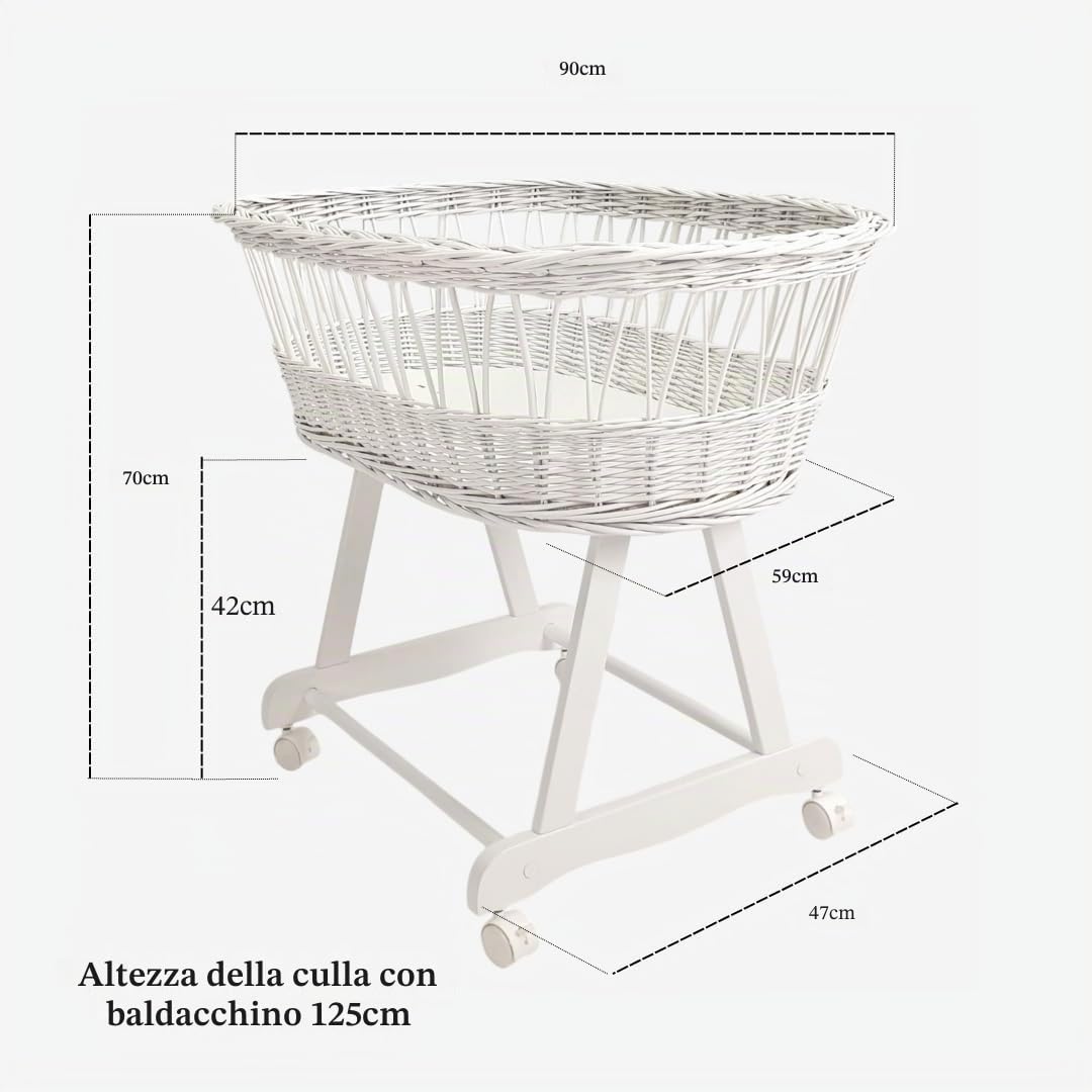 Wiklinopol Cestino Moses con baldacchino Lena – Culla in vimini con struttura – Cestino bianco, set completo con biancheria a nido d’ape 5 pz. Riccio & amici bianco – Con ruote, portatile, sicuro