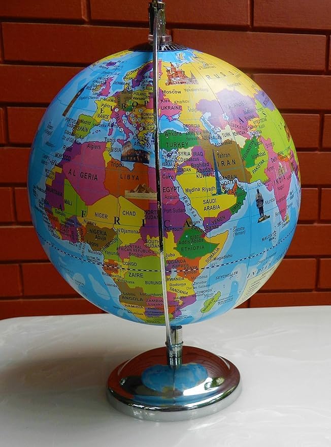 Educational 8 Inch Political Metal World Globe with Magnifying Glass