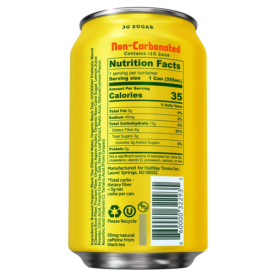 Halfday, Prebiotic Lemon Iced Tea, 12 Fl Oz Can (Pack of 5)