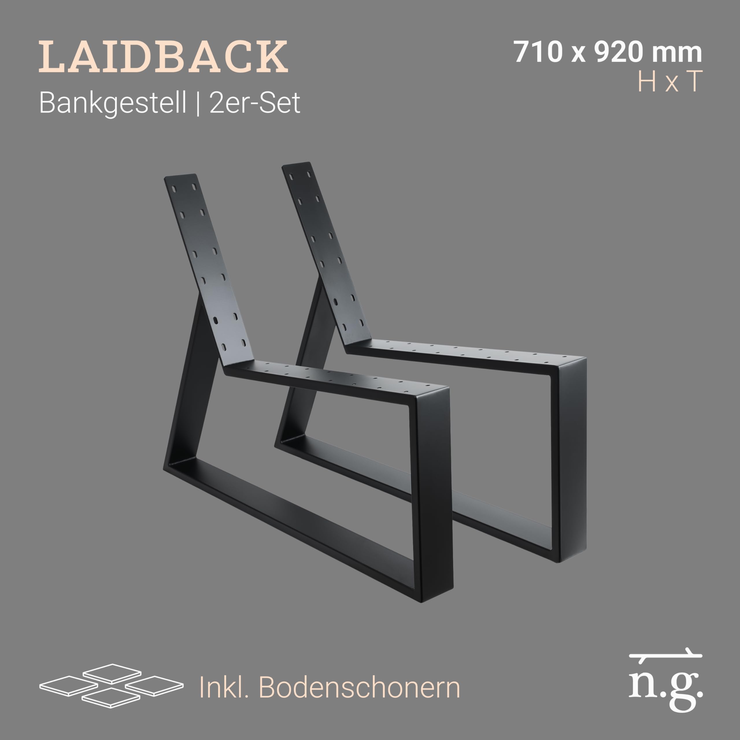 Natural Goods Berlin 2X Bankgestell Laidback - Bankbeine Metall Schwarz - Bankgestell Mit Lehne - Bankfüße Für DIY Outdoor Sofa Wetterfest - Bankkufen Für Garten Relaxsessel, Loungesessel Outdoor