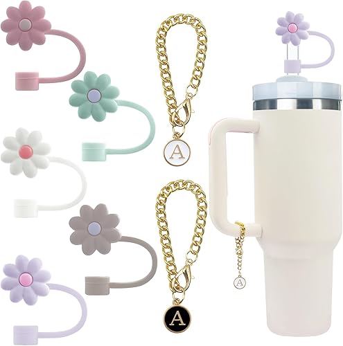 5 tapas de silicona para popote y 2 accesorios de dije de letra A, cadenas con letra inicial A para vaso Stanley 20, 30, 40 onzas con asa