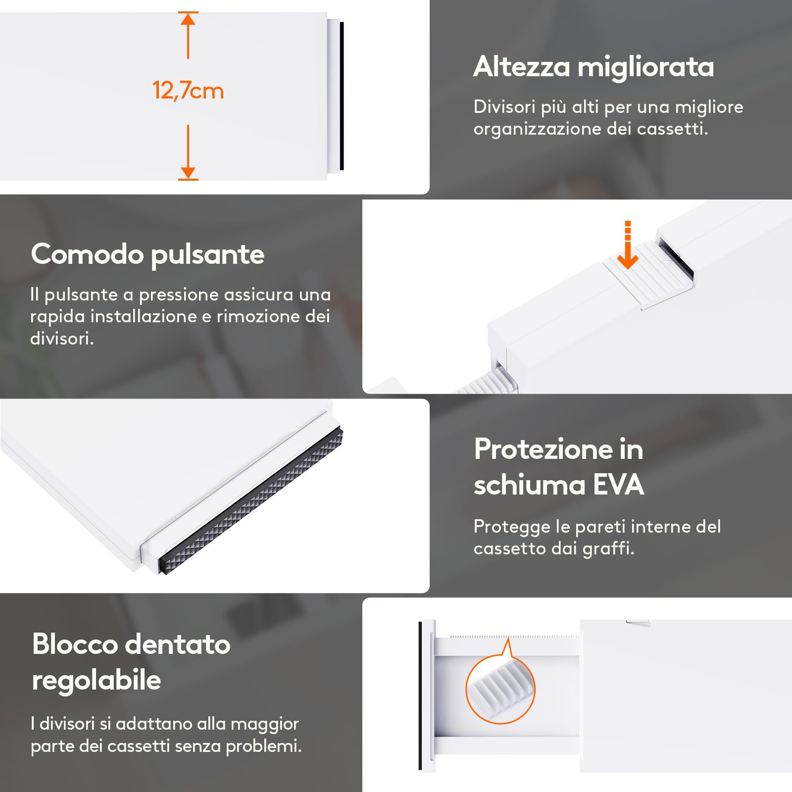 Lifewit Divisori per Cassetti in Plastica Confezione, Organizzatori per Cassetti Regolabili, Separatori per Cassetti Espandibili per Camera da Letto/Bagno/Cucina, Alti 12.7 cm, 34-50 cm, Pezzi 8