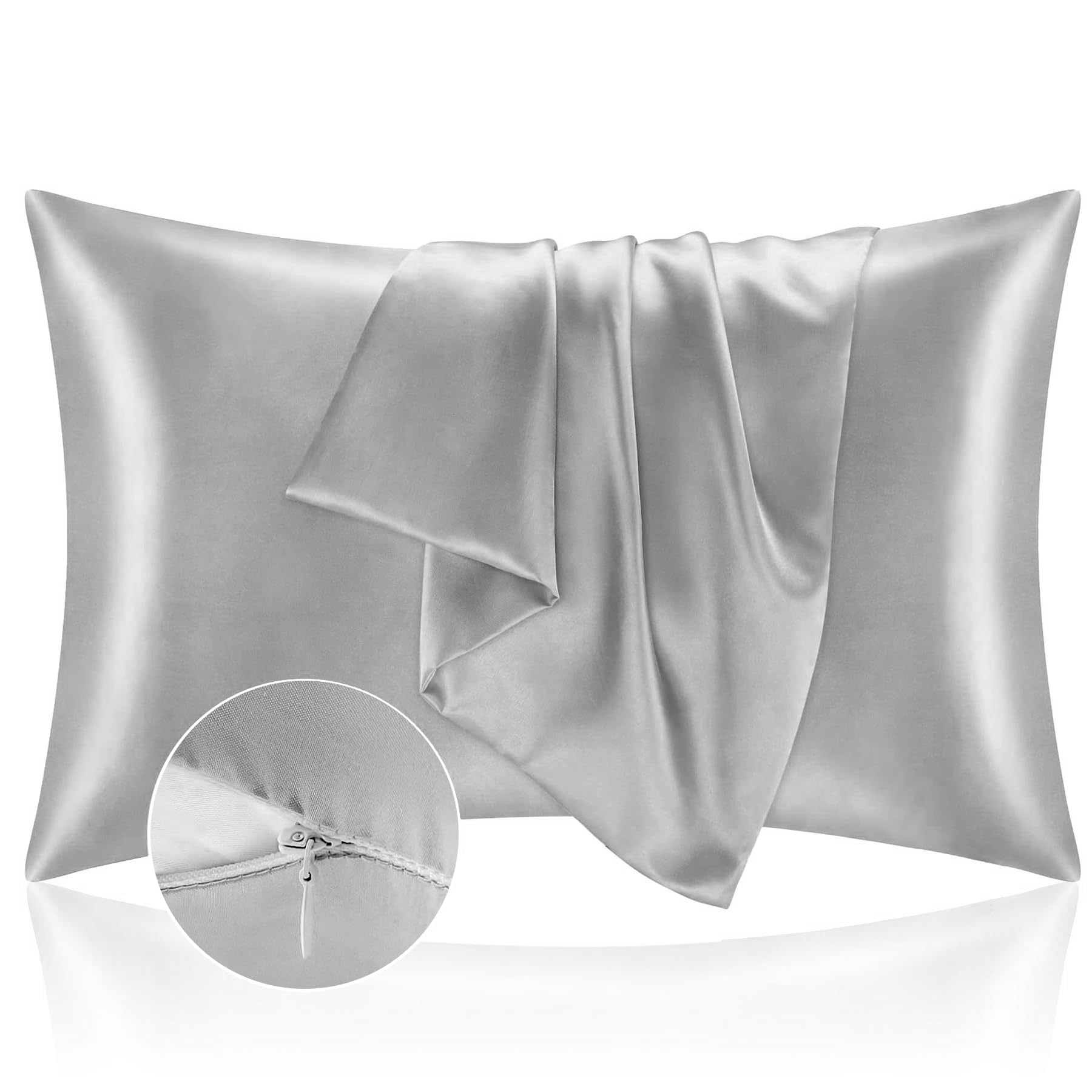 Pillow Cases Bed 50 x 90 cm Satin – Silky Pillowcase Protect Skin and Hair – OEKO-TEX – Super Soft and Hypoallergenic – 2 Pieces Pillowcase with Silver Zipper