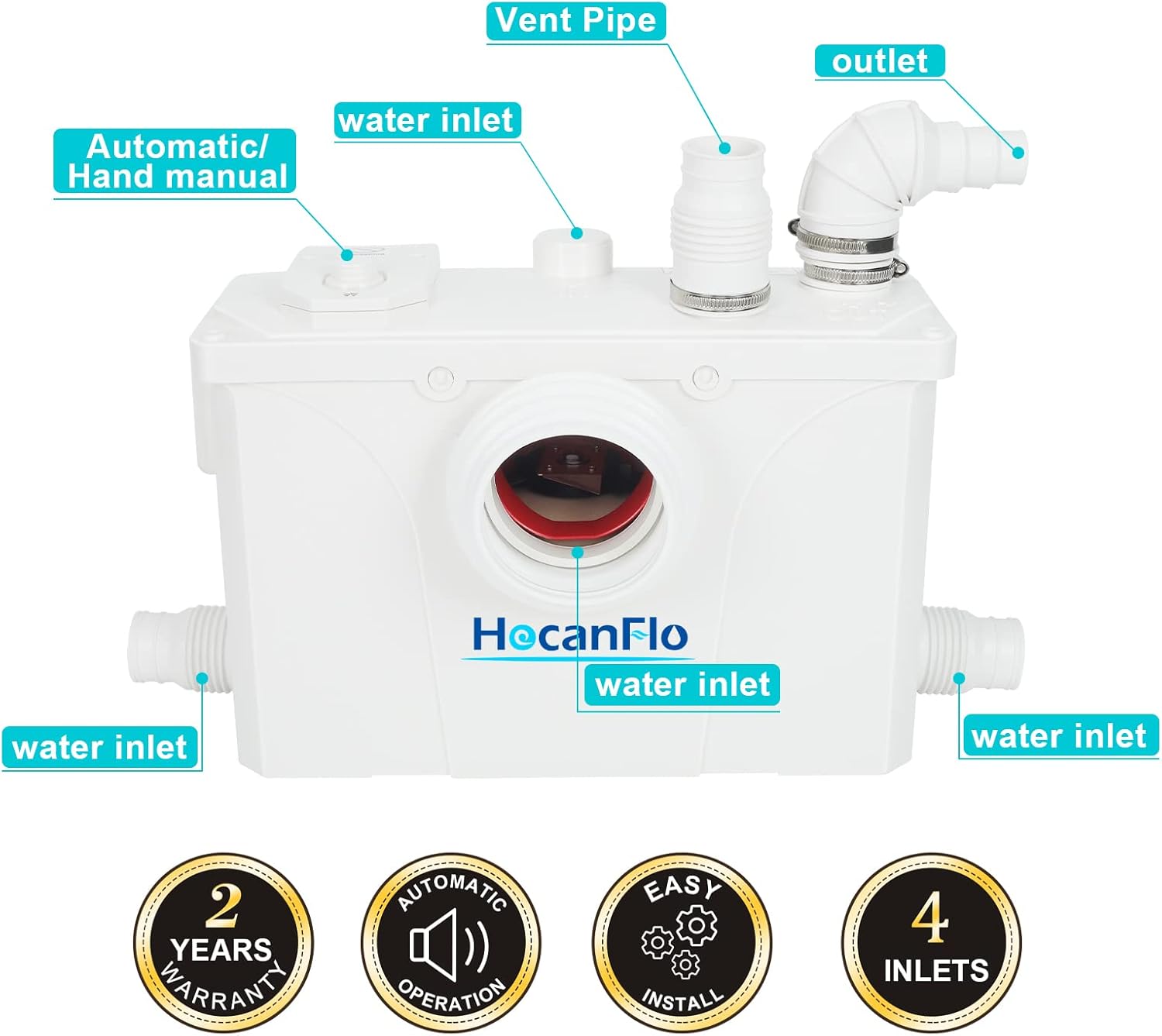 Two Piece Toilet with Macerator Pump for Upflush Toilet System and 4 Water Inlets Connect Full Bathroom, Sink, Toilet, Water Disposal, Automatic Start and Stop, Reamer Crush Function (700watt-1) - - 