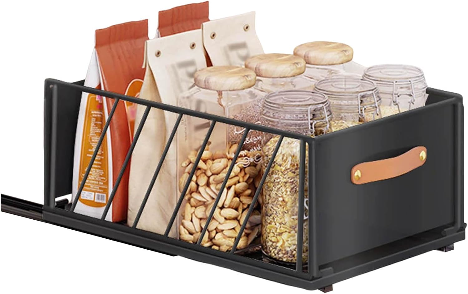 Pull Out Cabinet Organizers 16inch Deep with Slide Rail for Framed Cabinets, Expandable Slide Out Drawers, Carbon Steel Roll Out Shelves Adhesive with Leather Handle