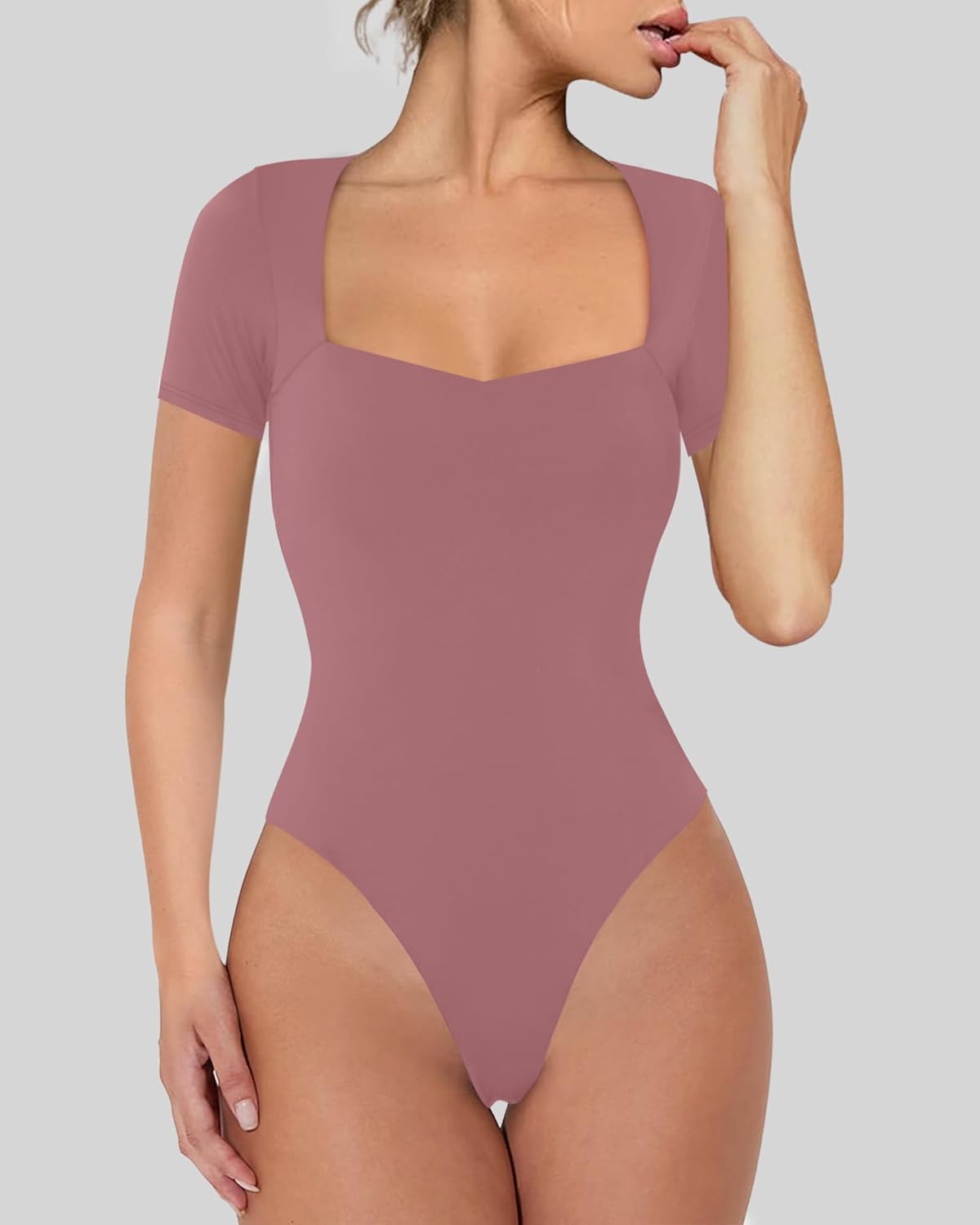 Chunpin Women's Sexy Sweetheart Neckline Bodysuit Tops Short Sleeve Double Lined Thong Bodysuit Outfits Mauve Pink L - Image 2