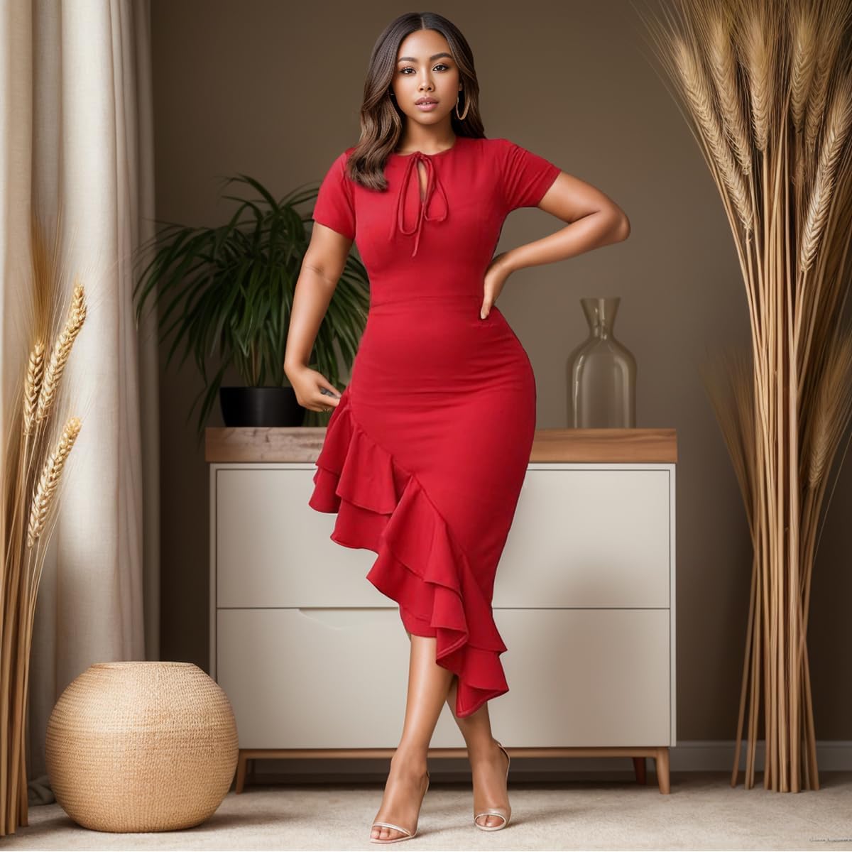 WUSENST Women Bodycon Short Sleeve Ruffle Irregularly Hem Dress Party Work Church Dress for Women - Image 2